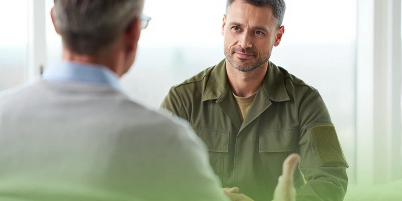 Мужчина в военной форме на консультации у психотерапевта по поводу лечения ПТСР